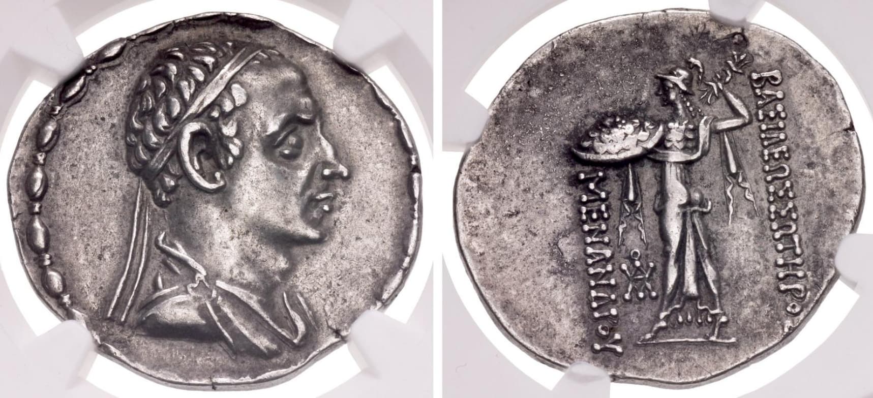Indo-Greek King Menander I Silver Coin Obverse